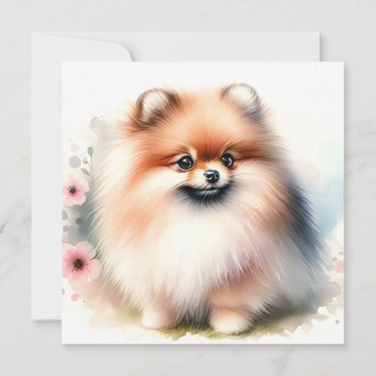 可愛いポメラニア犬水彩イラストレーション 招待状 (正面)
