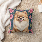 可愛いポメラニア犬犬とピンクペチュニア クッション (ブランケット)