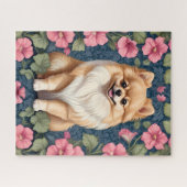 可愛いポメラニア犬犬とピンクペチュニア ジグソーパズル (横)