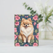 可愛いポメラニア犬犬とピンクペチュニア ポストカード (スタンド正面)