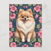 可愛いポメラニア犬犬とピンクペチュニア ポストカード (正面)