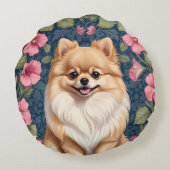 可愛いポメラニア犬犬とピンクペチュニア ラウンドクッション (裏面)