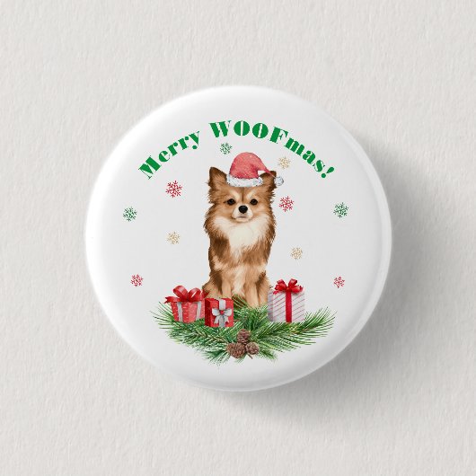 可愛いポメラニア犬in Santa Hat - メリー WOOFmas! 缶バッジ (正面)