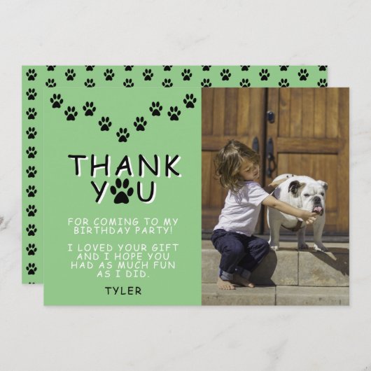 可愛いポーのプリント緑の誕生日ありがとう写真 カード (正面/裏面)