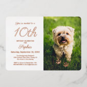 可愛いポー印刷ペット誕生日パーティフォトバラ金ゴールド 箔招待状 (正面)