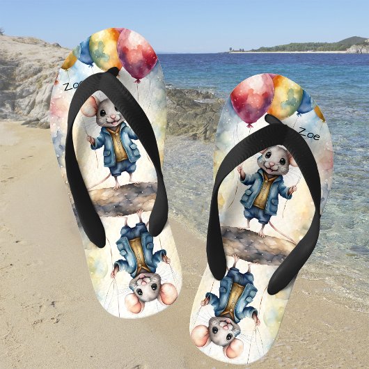 可愛いマウスとカラフルバルーン,パーソナライズ可能 キッズビーチサンダル