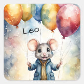 可愛いマウスとカラフルバルーン,パーソナライズ可能 スクエアシール (正面)