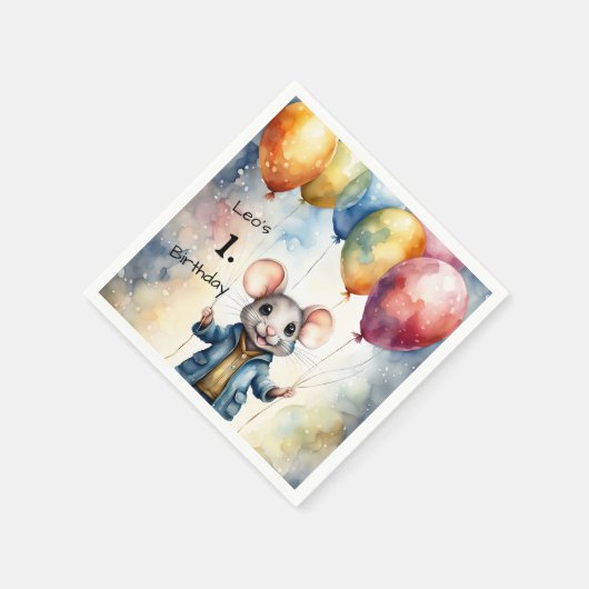 可愛いマウスとカラフルバルーン,パーソナライズ可能 スタンダードカクテルナプキン (角)