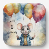 可愛いマウスとカラフルバルーン,パーソナライズ可能 ペーパープレート (正面)