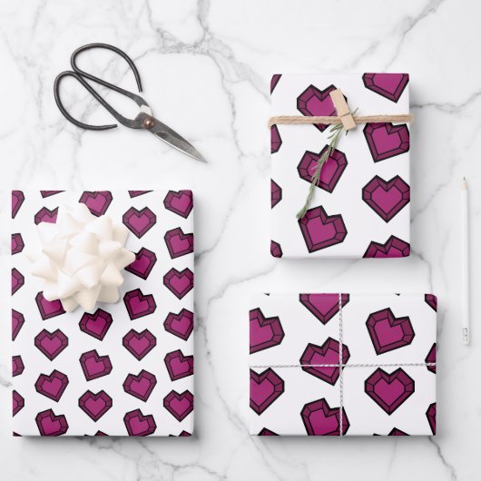 可愛いマゼンタダークピンクジェムストーンハートパターン ラッピングペーパーシート (正面)