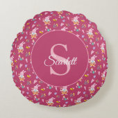 可愛いマゼンタバニーガーデンパターンモノグラム名 ラウンドクッション (正面)