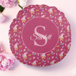 可愛いマゼンタバニーガーデンパターンモノグラム名 ラウンドクッション
