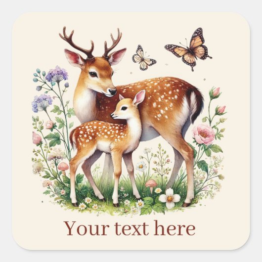 可愛いママとベビー鹿あなたのメッセージを追加 スクエアシール (正面)