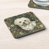 可愛いマルチーズドッグインアウィリアムモリススタイルガーデン コースター (左側)