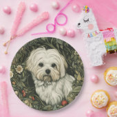 可愛いマルチーズドッグインアウィリアムモリススタイルガーデン ペーパープレート (パーティー)