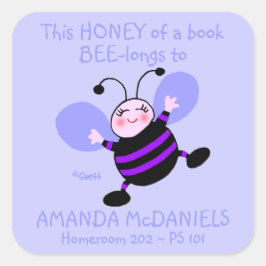可愛いマンガ蜂の教科書の名前ラベル（紫） スクエアシール
