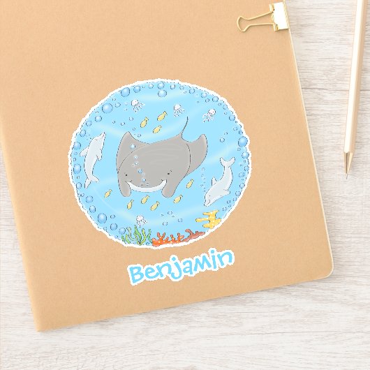 可愛いマンタレイとイルカの漫画イラストレーション シール (ノートブック)