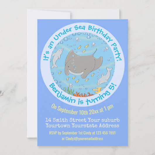 可愛いマンタレイとイルカの漫画イラストレーション 招待状 (正面)