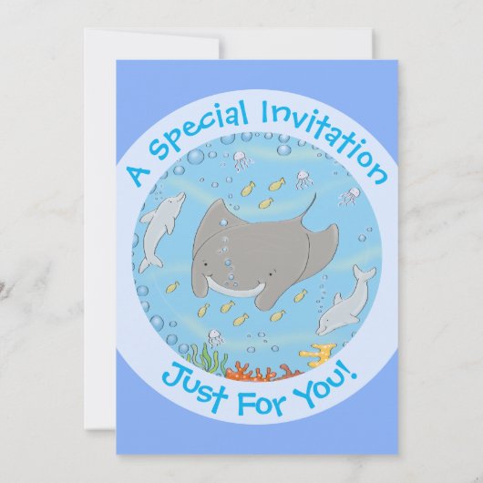 可愛いマンタレイとイルカの漫画イラストレーション 招待状 (裏面)