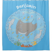 可愛いマンタレイとバブル漫画イラストレーション シャワーカーテン (正面)