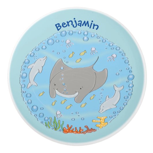 可愛いマンタレイとバブル漫画イラストレーション セラミックノブ (正面)