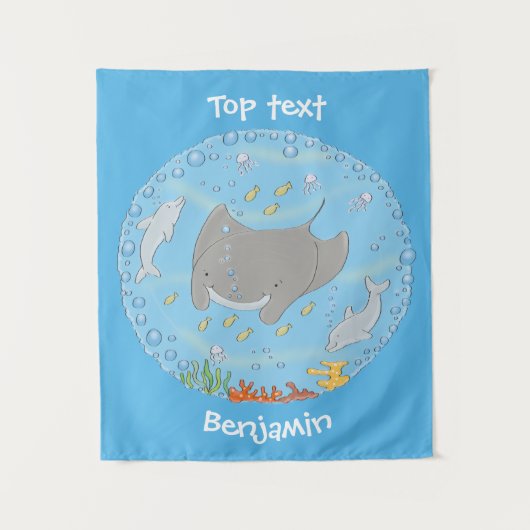 可愛いマンタレイとバブル漫画イラストレーション タペストリー (正面)