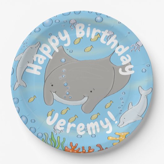 可愛いマンタレイとバブル漫画イラストレーション ペーパープレート (正面)