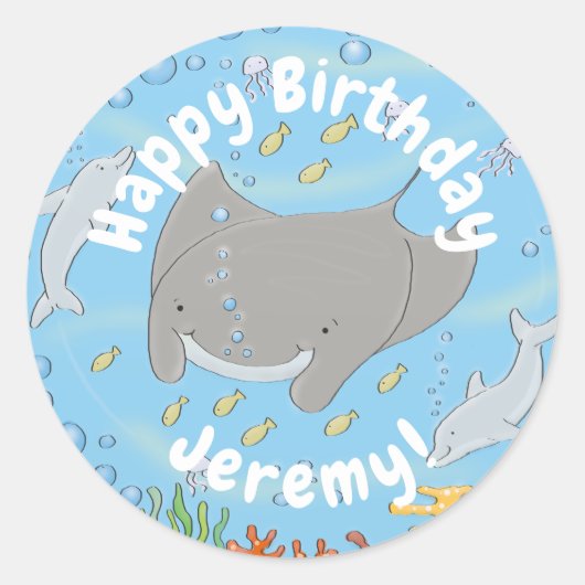 可愛いマンタレイとバブル漫画イラストレーション ラウンドシール (正面)