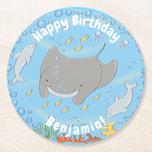 可愛いマンタレイとバブル漫画イラストレーション ラウンドペーパーコースター (正面)