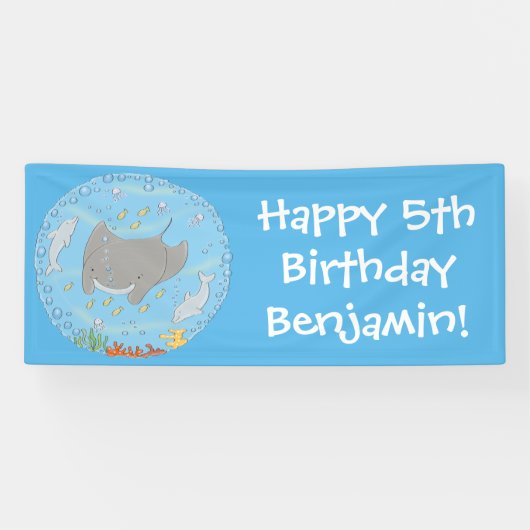 可愛いマンタレイとバブル漫画イラストレーション 横断幕 (横)