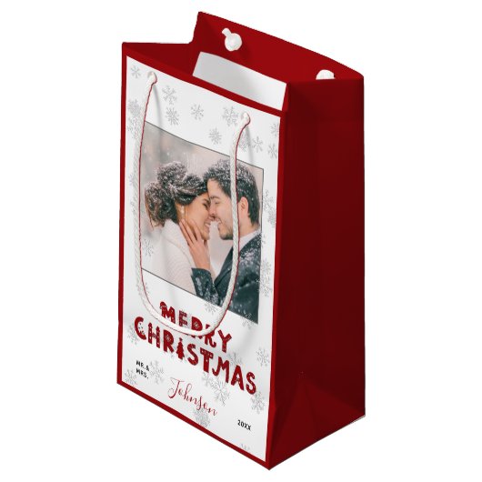 可愛いミセス・レッドタイポグラフィスノーフレーク写真クリスマス スモールペーパーバッグ (正面アングル)