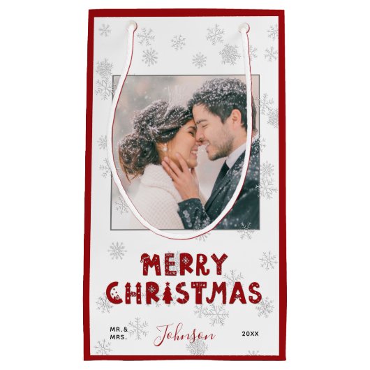 可愛いミセス・レッドタイポグラフィスノーフレーク写真クリスマス スモールペーパーバッグ (正面)