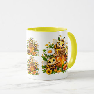 可愛いミツバチ+野の花+蜂蜜の瓶+夢のあるデザイン マグカップ
