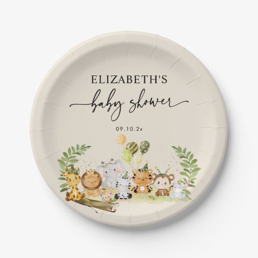 可愛いミニマルジャングル動物の赤ちゃんシャワー ペーパープレート (正面)