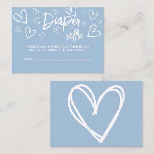 可愛いミニマルブルーハート赤ちゃんシャワーおむつラッフル エンクロージャーカード (正面/裏面)
