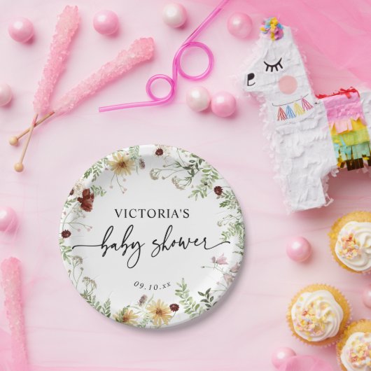 可愛いミニマルボホワイルドフラワー緑の赤ちゃんシャワー ペーパープレート (パーティー)