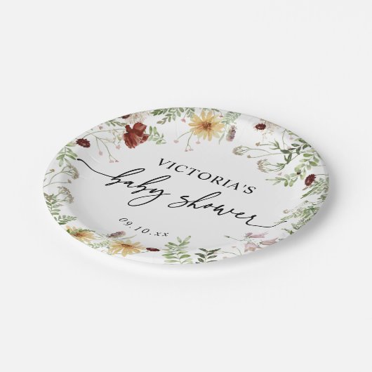 可愛いミニマルボホワイルドフラワー緑の赤ちゃんシャワー ペーパープレート (アングル)