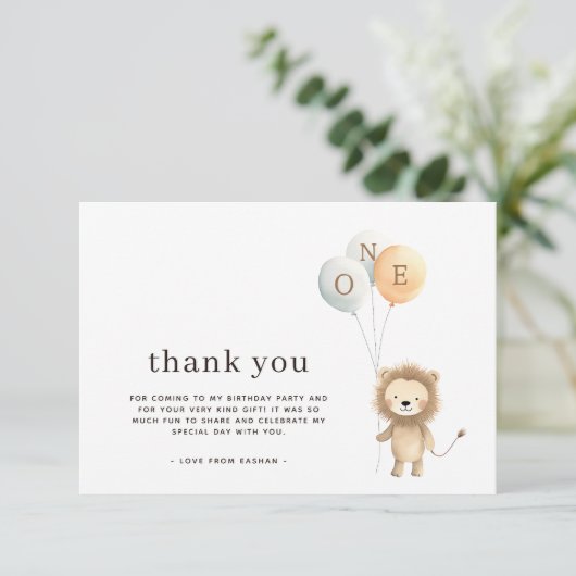 可愛いミニマルリトルライオン3風船誕生日パーティー サンキューカード (スタンド正面)