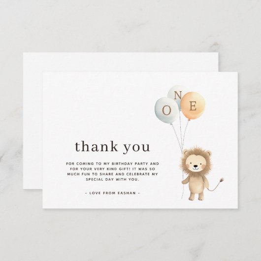 可愛いミニマルリトルライオン3風船誕生日パーティー サンキューカード (正面/裏面)