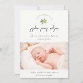 可愛いミニマルリーフスクリプト写真誕生のお知らせ サンキューカード (正面)