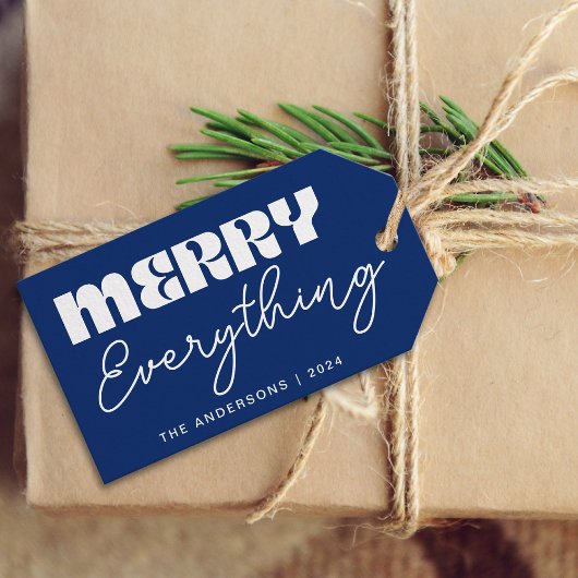 可愛いミニマルレトロメリーEverythingスクリプトブルー ギフトタグ