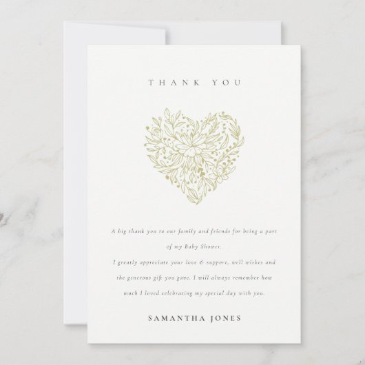 可愛いミニマル夕暮れグリーンフローラハート赤ちゃんシャワー サンキューカード (正面)