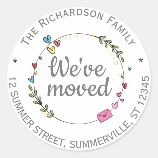 可愛いミニマル引っ越しましたの住所変更 ラウンドシール (正面)