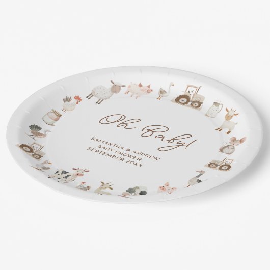 可愛いミニマル農園動物納屋周囲の庭赤ちゃんシャワー ペーパープレート (アングル)