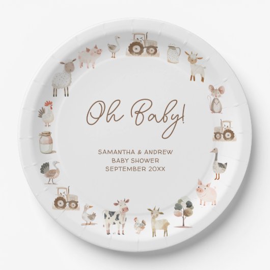 可愛いミニマル農園動物納屋周囲の庭赤ちゃんシャワー ペーパープレート (正面)