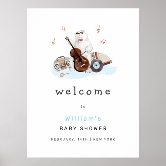 可愛いミュージシャンポーラベア赤ちゃんシャワー歓迎サイン ポスター (正面)