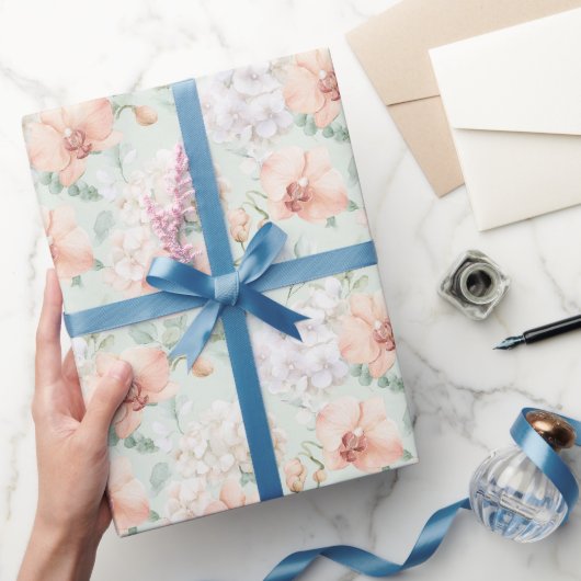 可愛いミントピーチ蘭の花 誕生日 ラッピングペーパー (ギフト)
