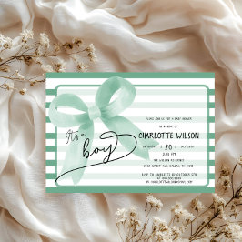 可愛いミントボウの男の子ベビーストライプシャワー 招待状