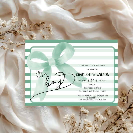 可愛いミントボウの男の子ベビーストライプシャワー 招待状