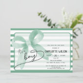 可愛いミントボウの男の子ベビーストライプシャワー 招待状 (スタンド正面)